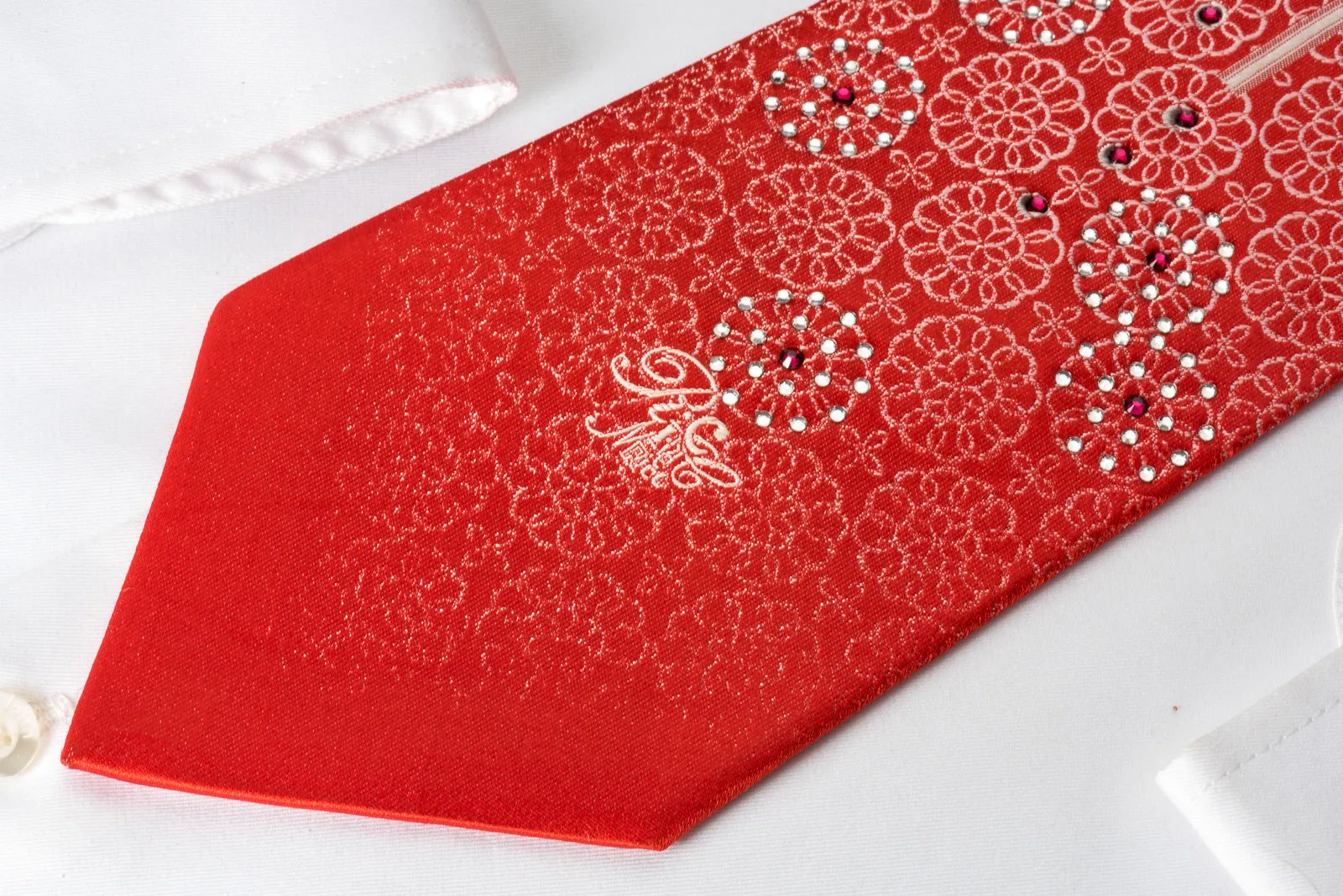 Nina Ricci Bling Silk Tie Medallion Rhinestones On Red