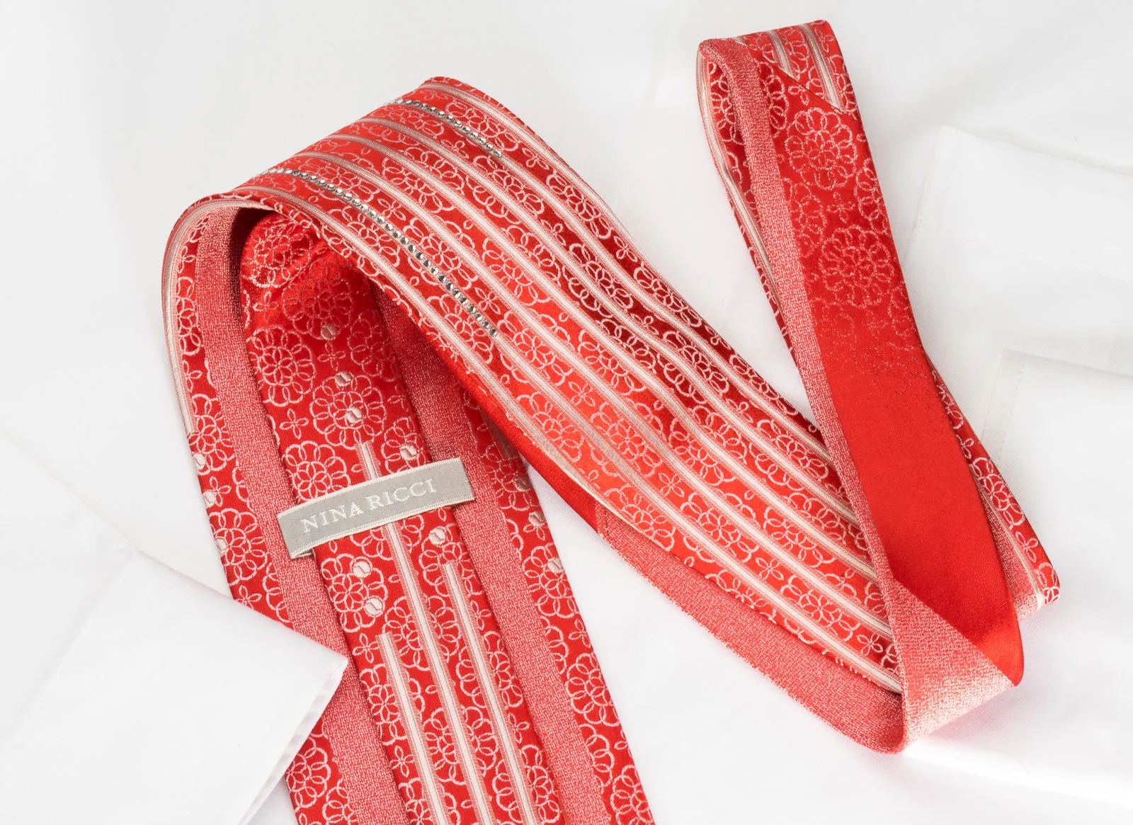 Nina Ricci Bling Silk Tie Medallion Rhinestones On Red