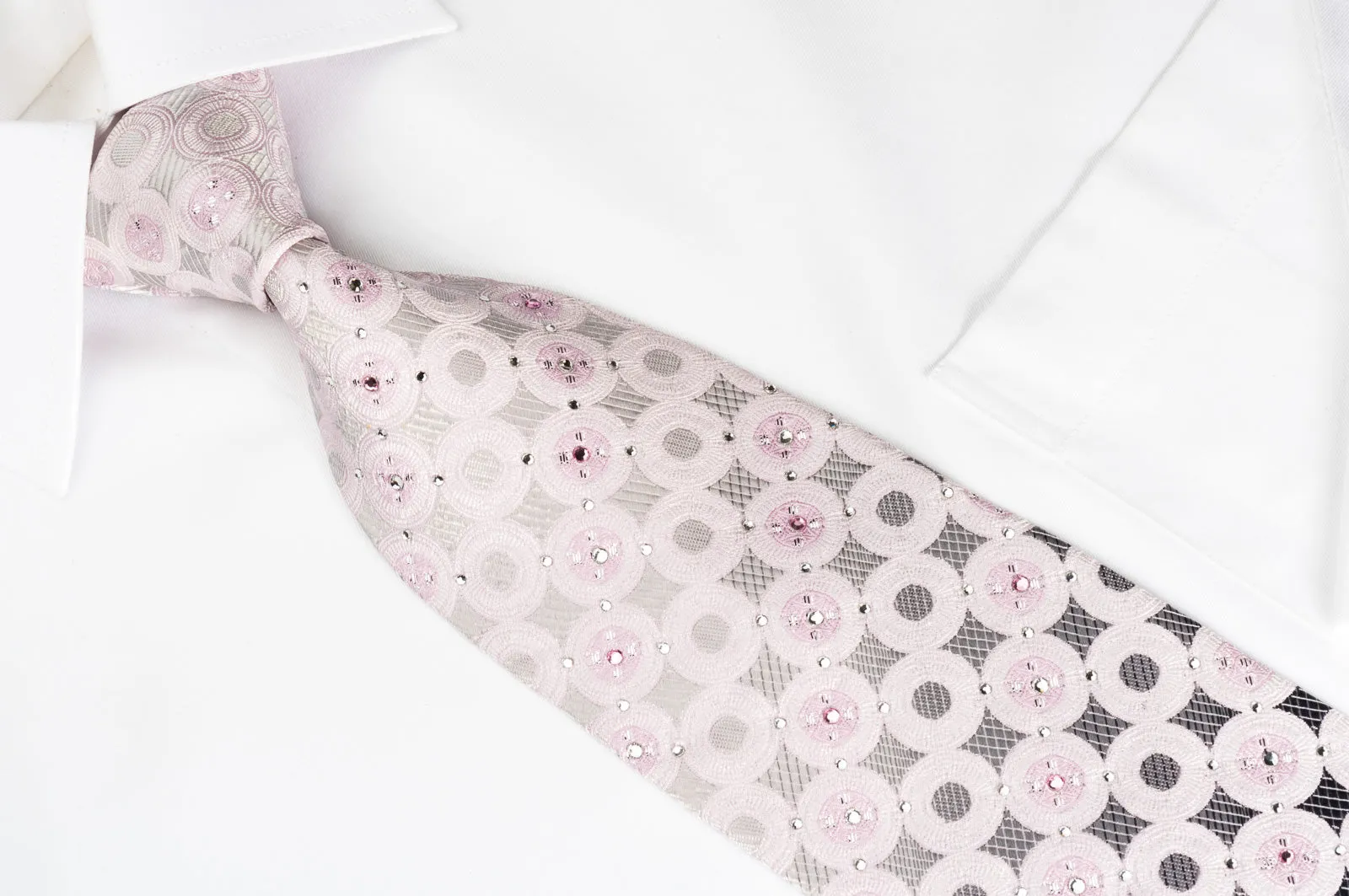 Nina Ricci Rhinestone Silk Necktie Pink Circles On Silver With Silver Sparkles