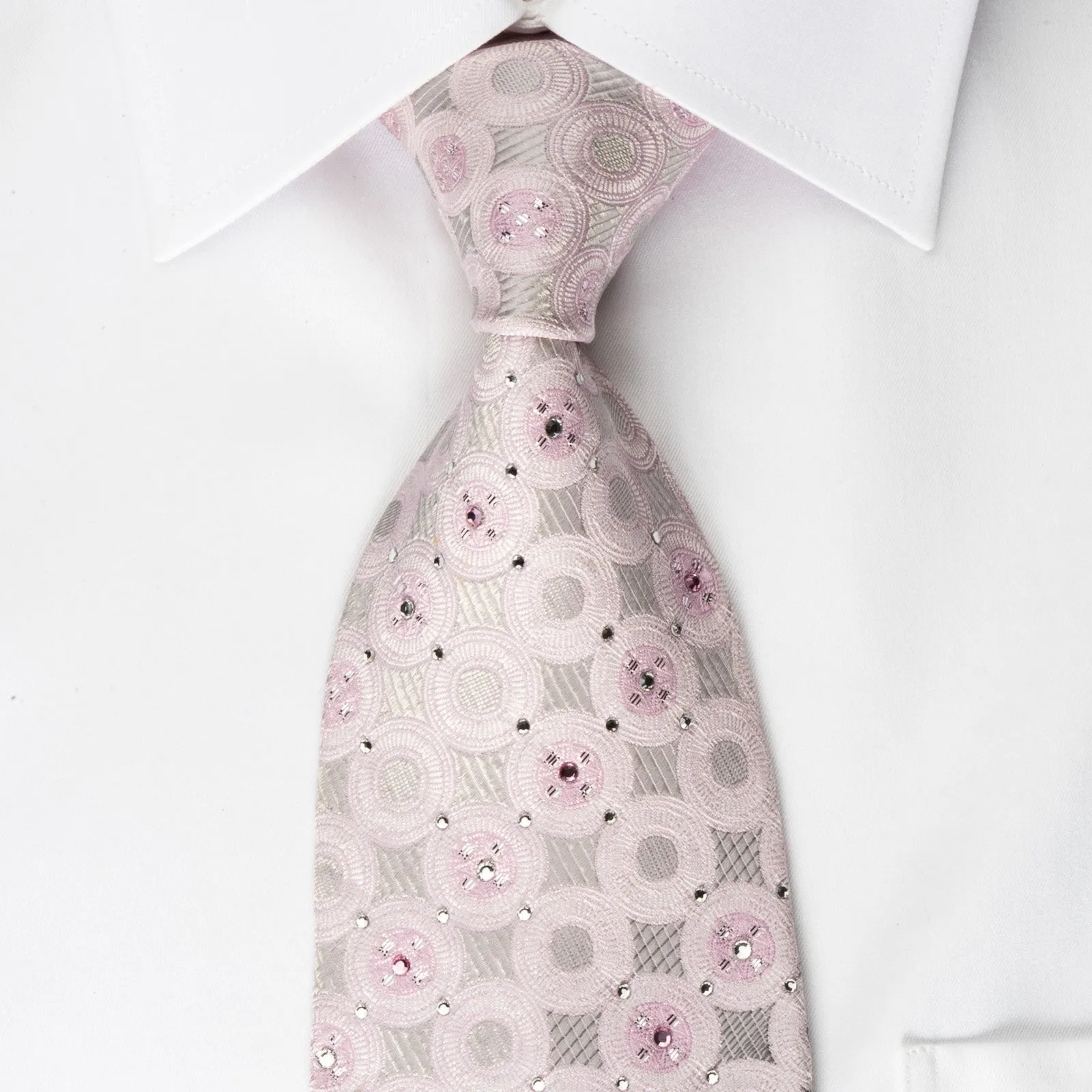 Nina Ricci Rhinestone Silk Necktie Pink Circles On Silver With Silver Sparkles