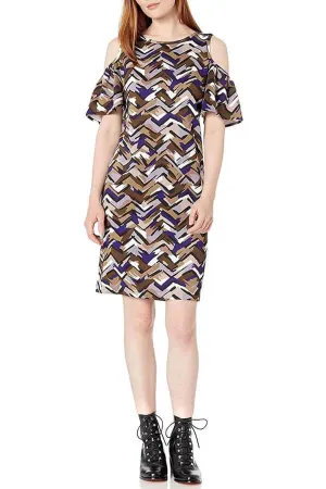 Nine West Scoop Neck Cutout Shoulder Short Sleeve Zipper Back Multi Print Scuba Dress