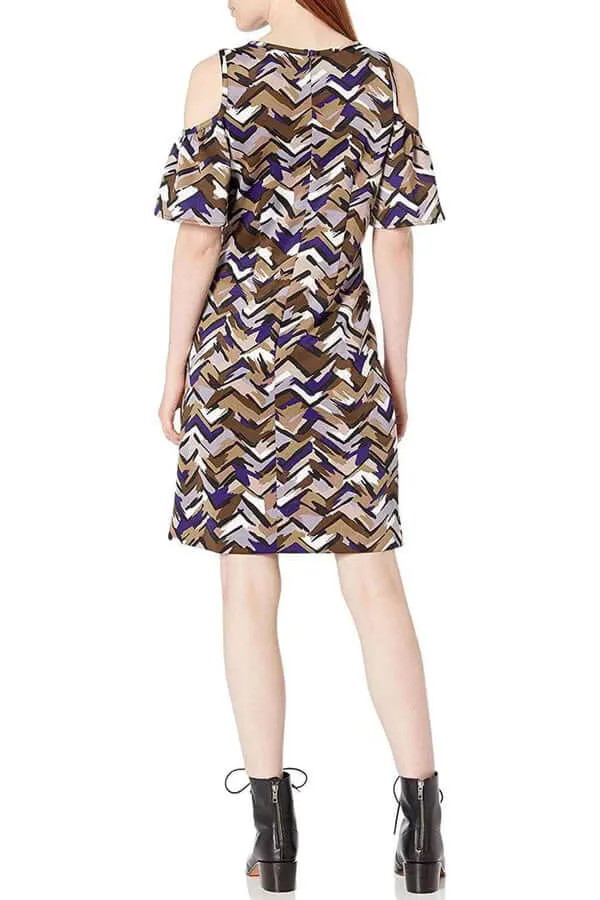 Nine West Scoop Neck Cutout Shoulder Short Sleeve Zipper Back Multi Print Scuba Dress