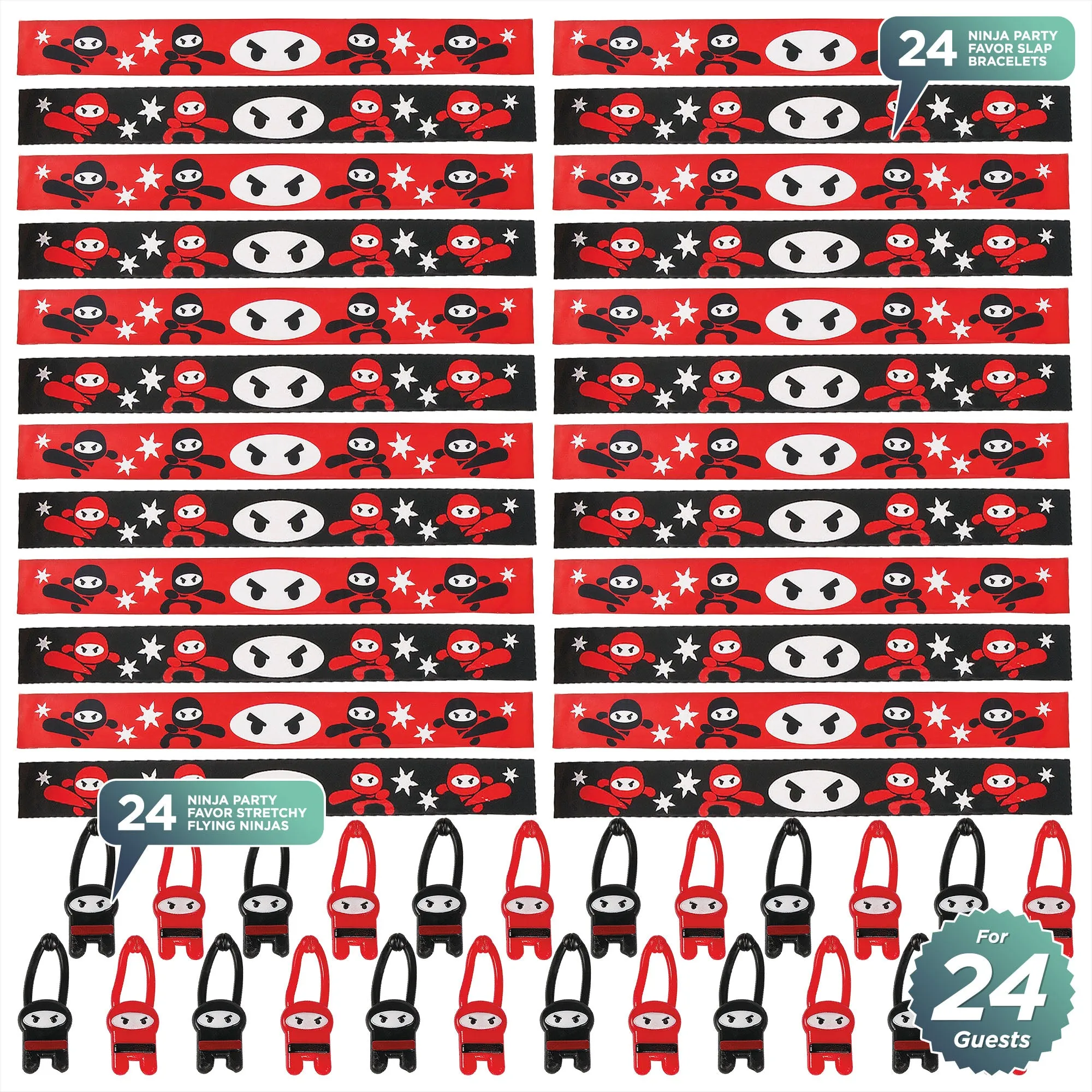 Ninja Party Favors - Red and Black Ninja Slap Bracelets and Stretchy Flying Ninjas for 24 Guests