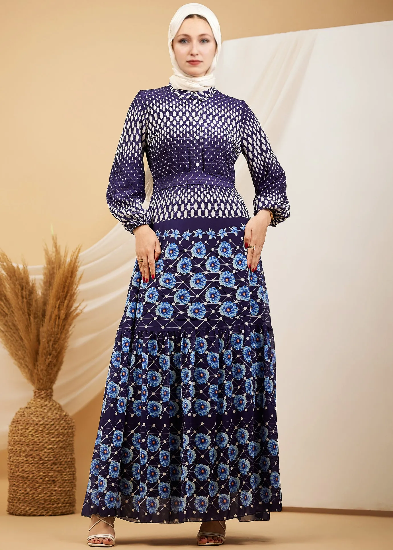 Nisreen Majestic Indigo Floral Chiffon Maxi Dress with Polymix Lining