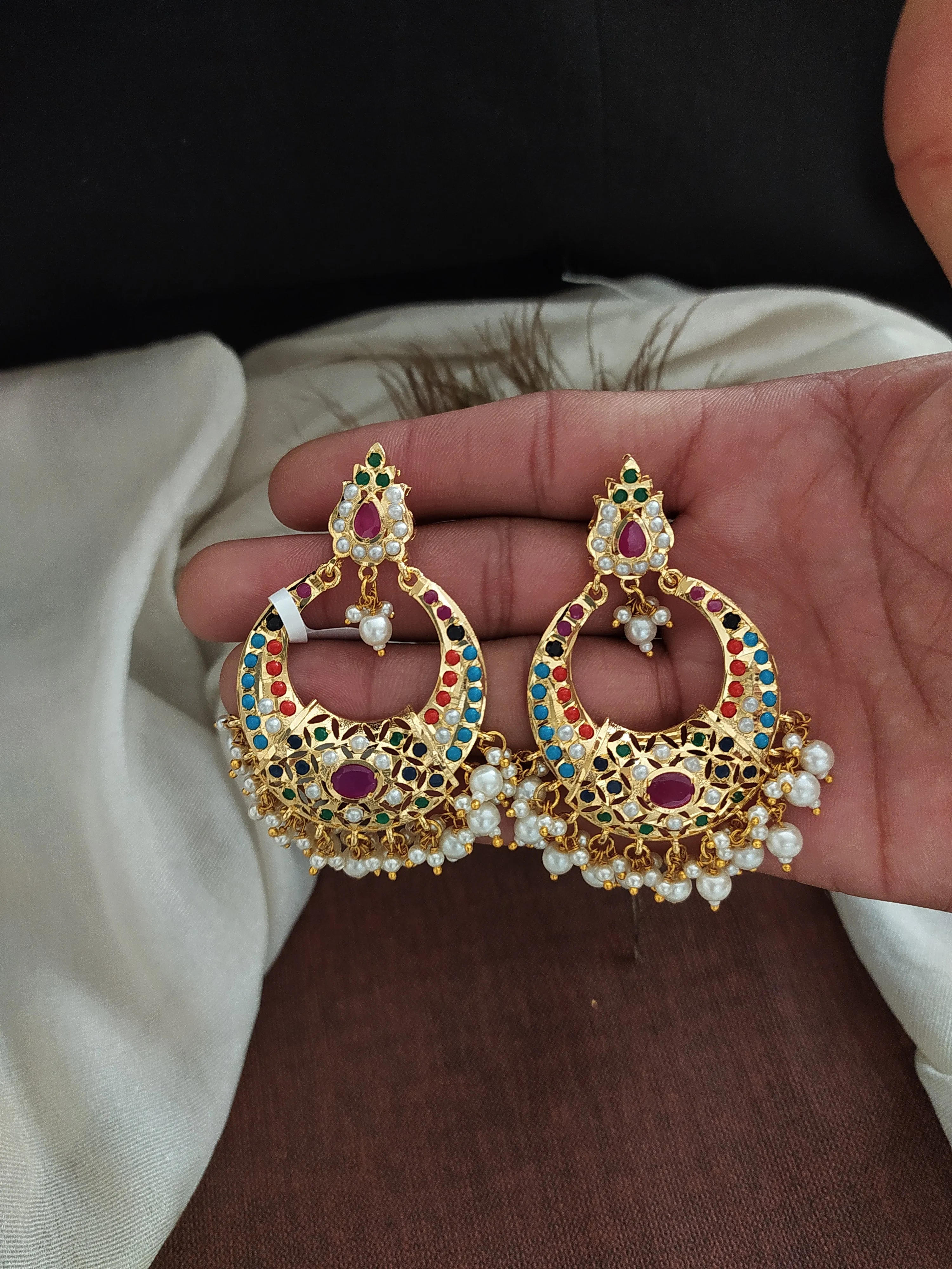 Nizami Chandbali Earrings in Navaratna, Red with Green, Pearls (White), Ruby, and Green