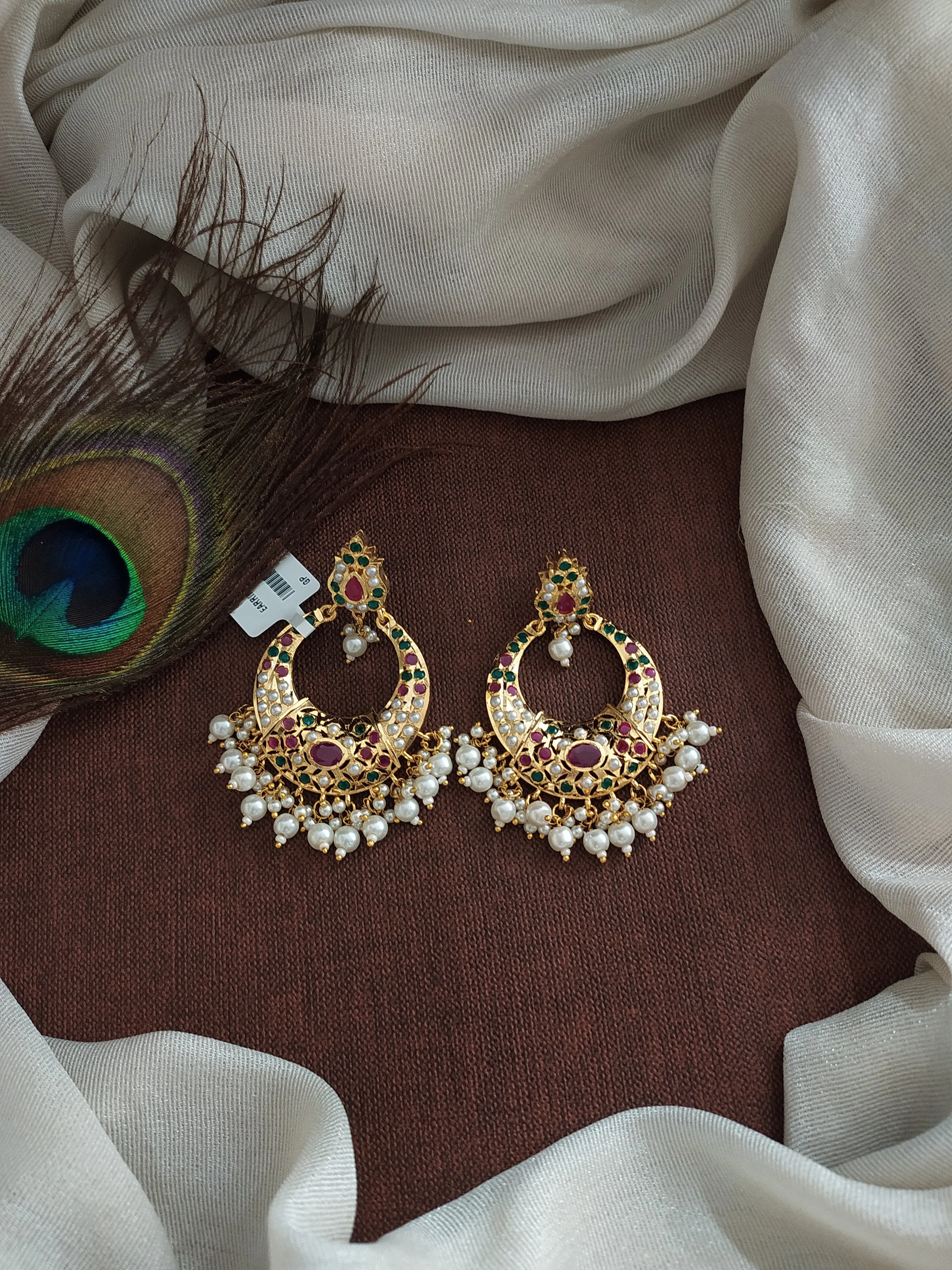 Nizami Chandbali Earrings in Navaratna, Red with Green, Pearls (White), Ruby, and Green