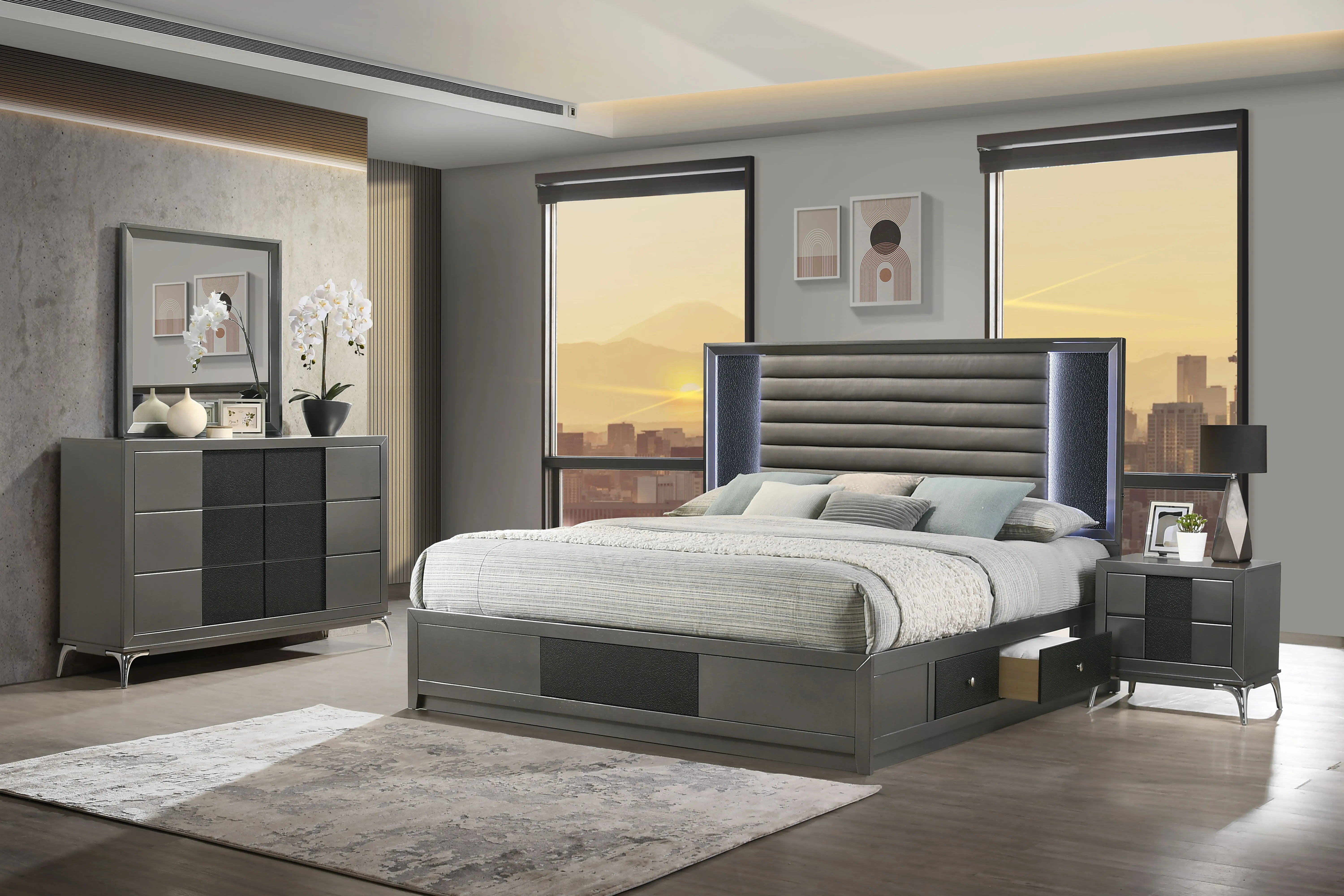 Nocturne - 6/6 Eastern KIng 4 Piece Bedroom Set (Bed, Dresser, Mirror, Nightstand) - Gray