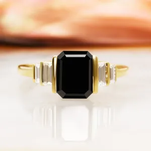 Noir Desir - Art Deco  Natural Black Diamond Emerald Engagement Ring in Yellow Gold