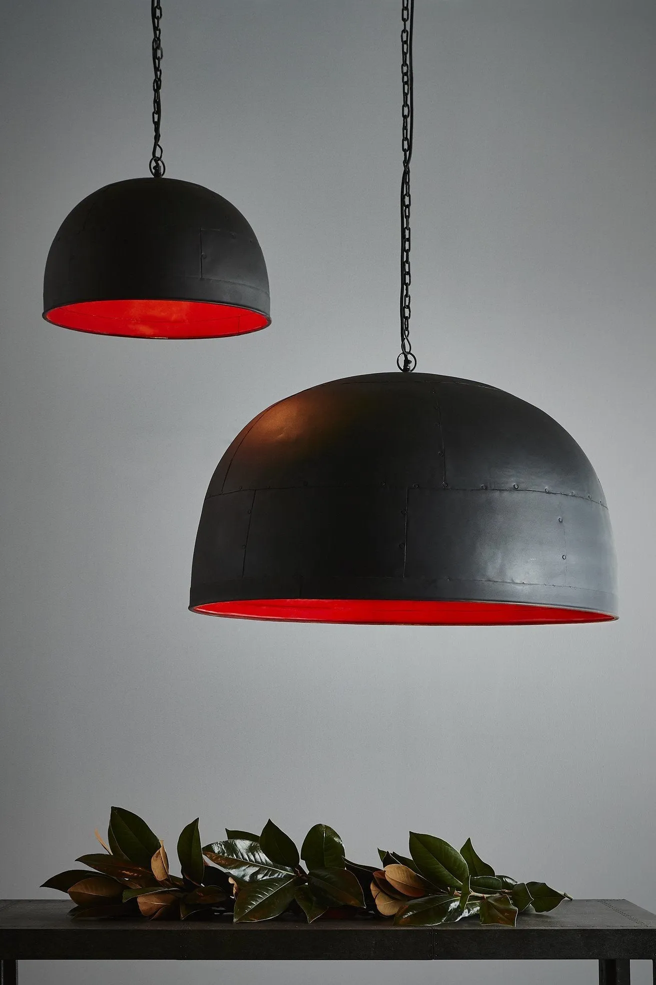 Noir Small - Black With Red Interior - Small Iron Dome Pendant Light