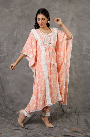 NOOR by ISHNYA - Peach Long Kaftan Set with Embroidered Pants