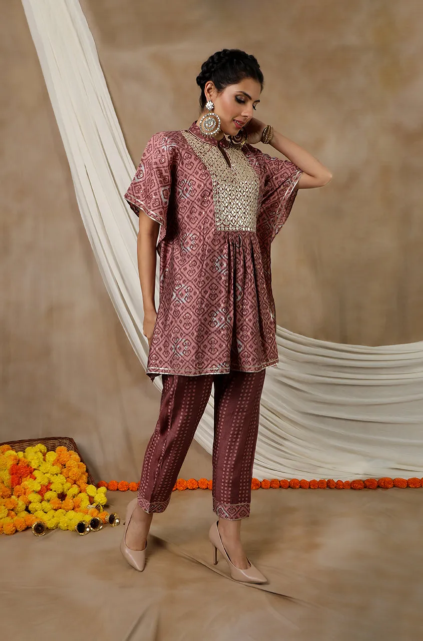 NOOR by ISHNYA - Rosewood Short Kaftan Set with Embroidered Pants