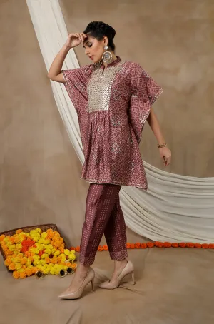 NOOR by ISHNYA - Rosewood Short Kaftan Set with Embroidered Pants