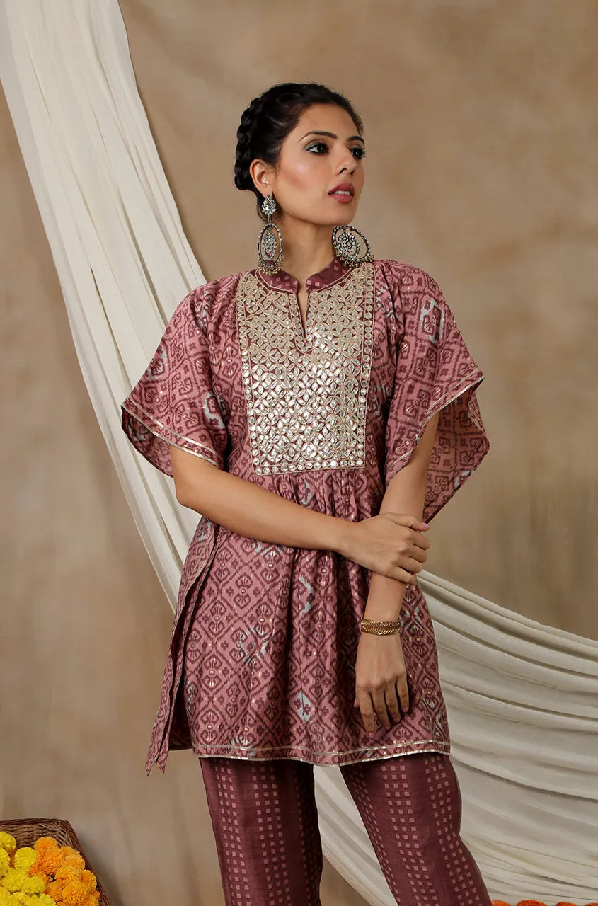 NOOR by ISHNYA - Rosewood Short Kaftan Set with Embroidered Pants