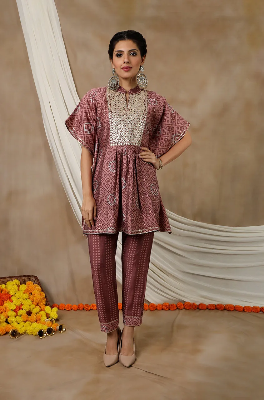 NOOR by ISHNYA - Rosewood Short Kaftan Set with Embroidered Pants