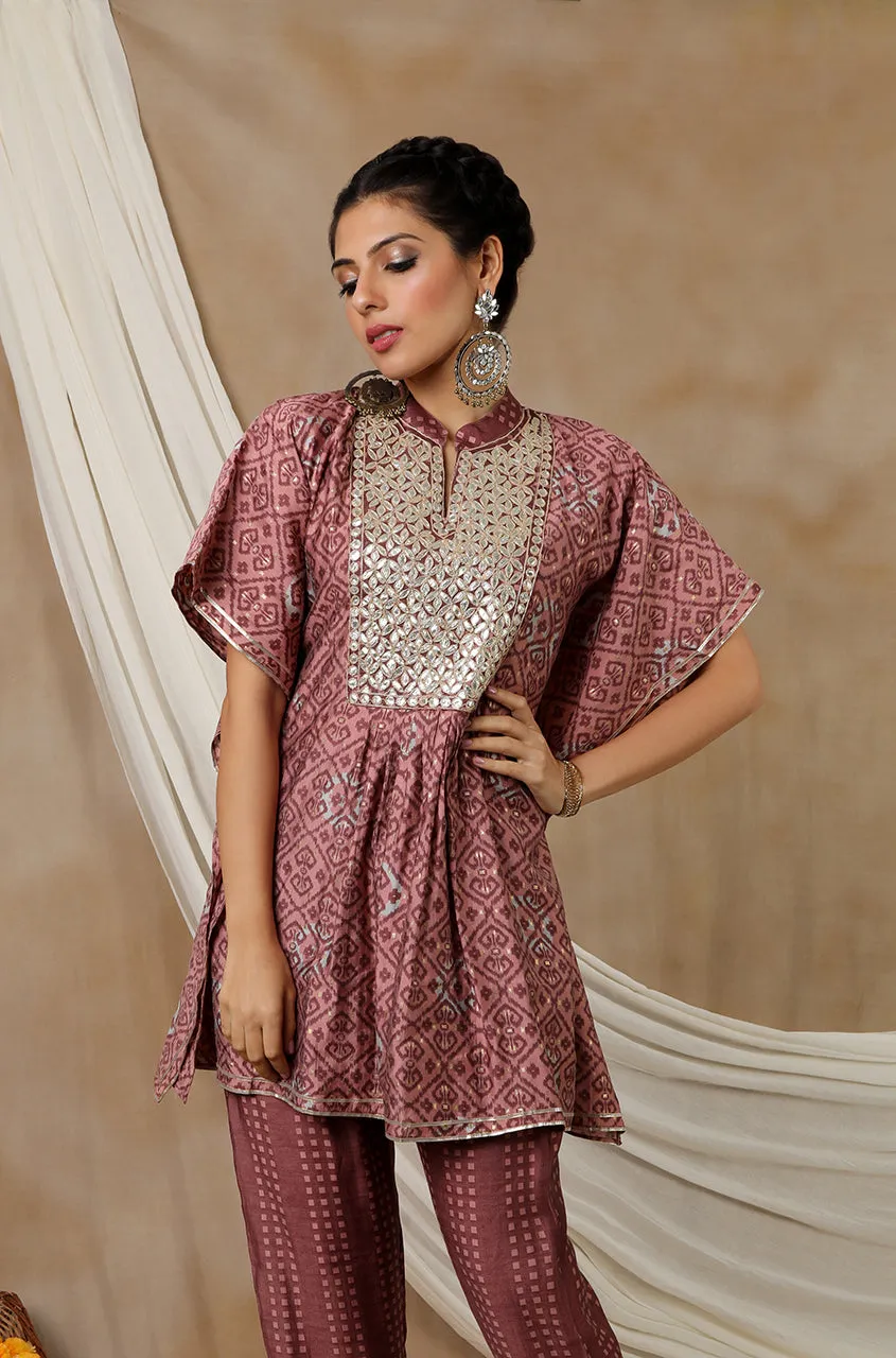 NOOR by ISHNYA - Rosewood Short Kaftan Set with Embroidered Pants