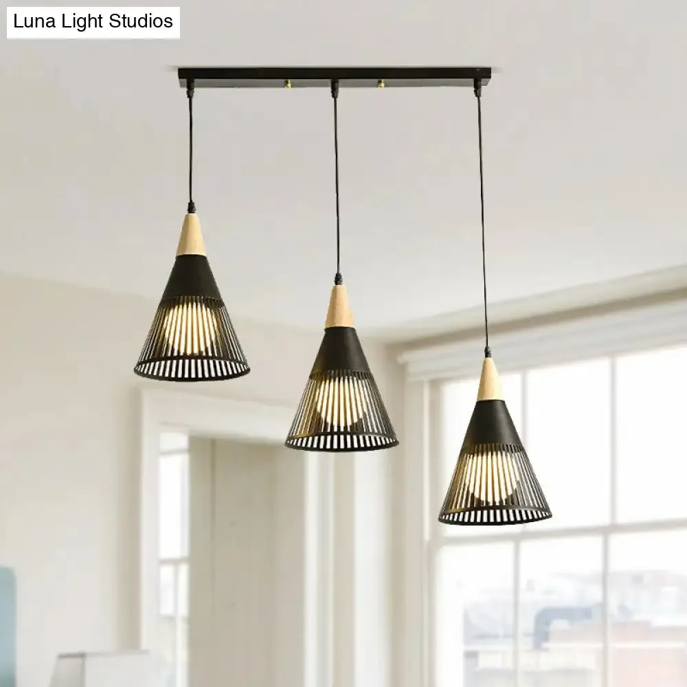 Nordic Cone Ceiling Light - 3 Head Metal and Wood Pendant Lighting with Wire Frame, Linear/Round Canopy - Black/White