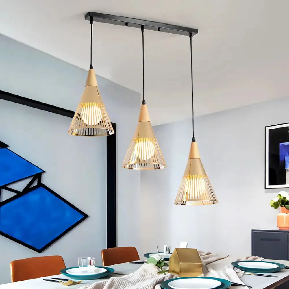 Nordic Cone Ceiling Light - 3 Head Metal and Wood Pendant Lighting with Wire Frame, Linear/Round Canopy - Black/White