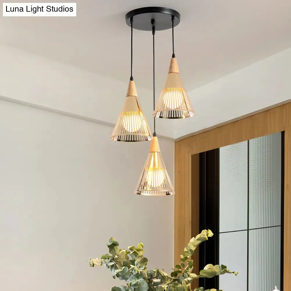 Nordic Cone Ceiling Light - 3 Head Metal and Wood Pendant Lighting with Wire Frame, Linear/Round Canopy - Black/White