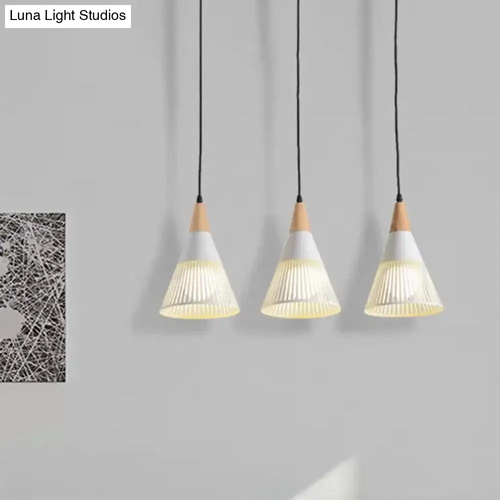 Nordic Cone Ceiling Light - 3 Head Metal and Wood Pendant Lighting with Wire Frame, Linear/Round Canopy - Black/White