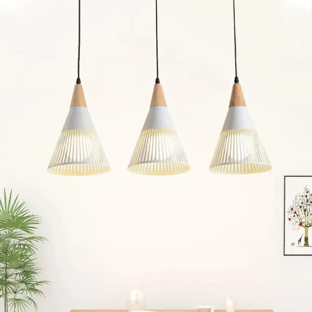 Nordic Cone Ceiling Light - 3 Head Metal and Wood Pendant Lighting with Wire Frame, Linear/Round Canopy - Black/White