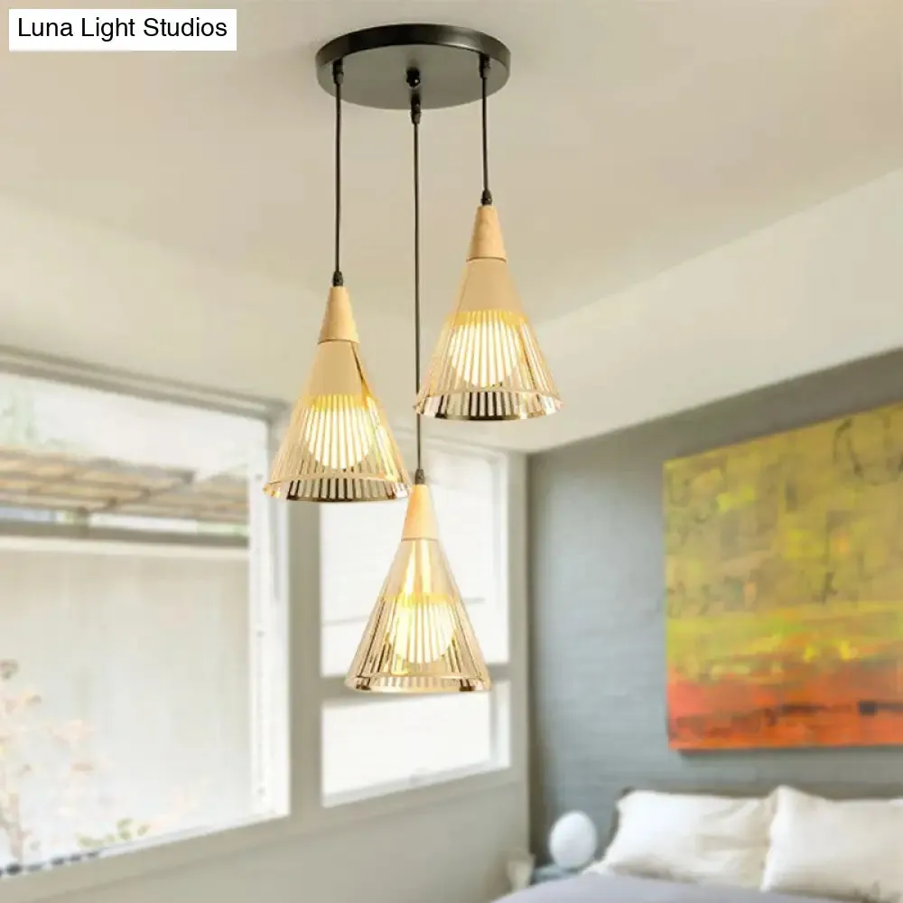 Nordic Cone Ceiling Light - 3 Head Metal and Wood Pendant Lighting with Wire Frame, Linear/Round Canopy - Black/White