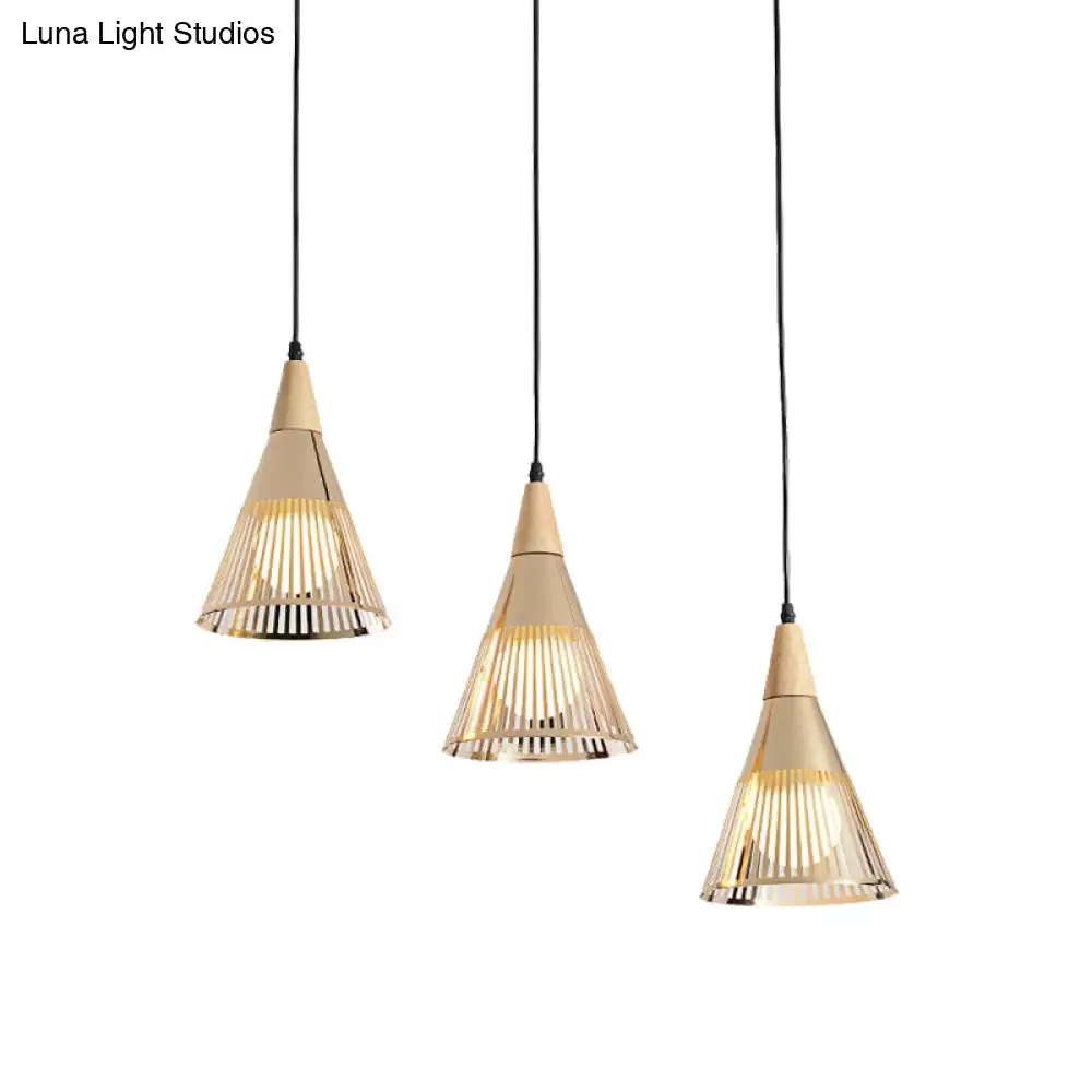 Nordic Cone Ceiling Light - 3 Head Metal and Wood Pendant Lighting with Wire Frame, Linear/Round Canopy - Black/White