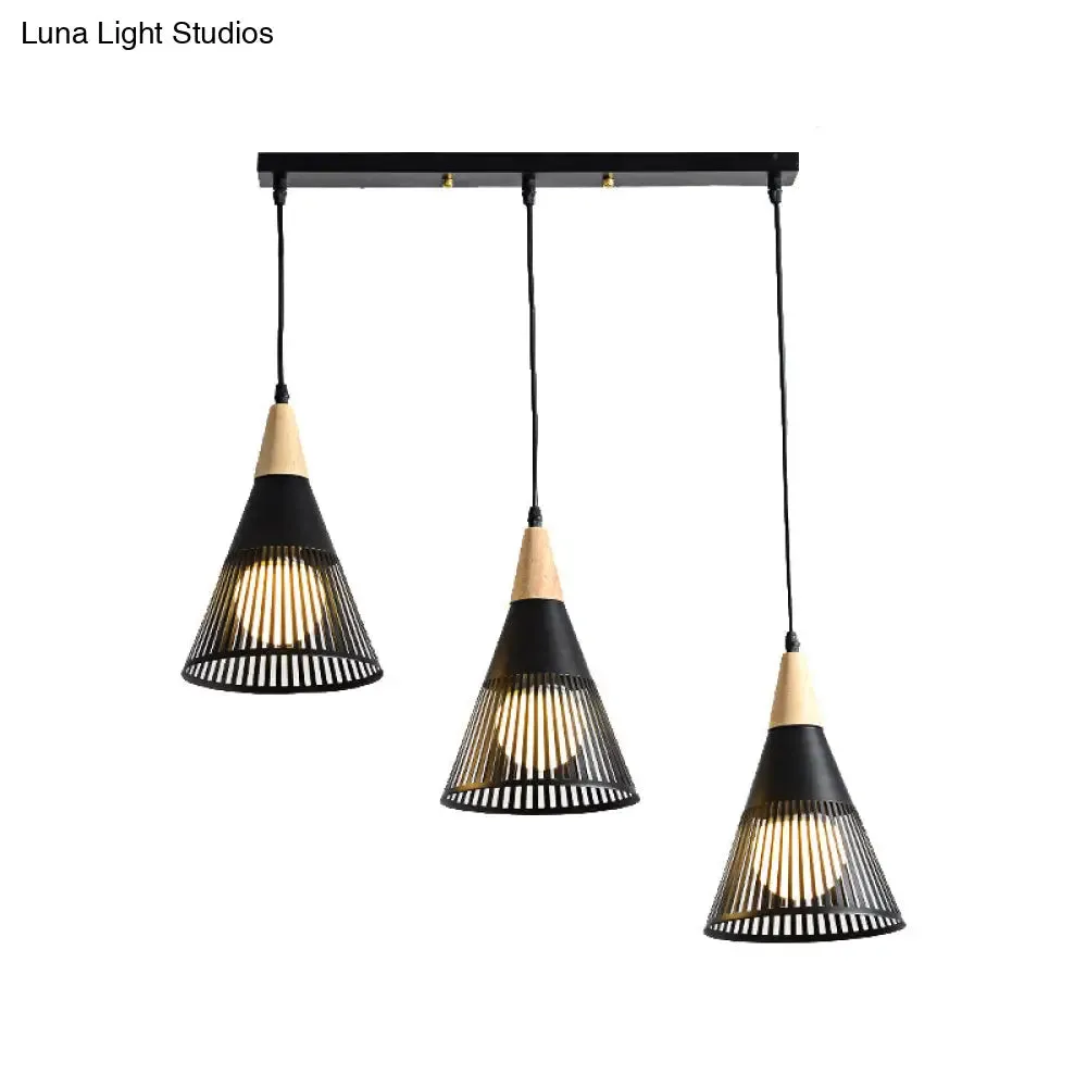 Nordic Cone Ceiling Light - 3 Head Metal and Wood Pendant Lighting with Wire Frame, Linear/Round Canopy - Black/White