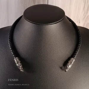 Nordic Dragon Torc Silver Black Leather | Fenris