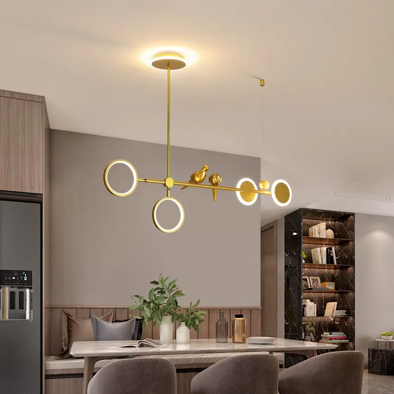 Nordic Light Luxury Golden Ring Bird LED Pendant For Living Room Dining Table and Bar Counter Modern Long Strip Personality Lamp