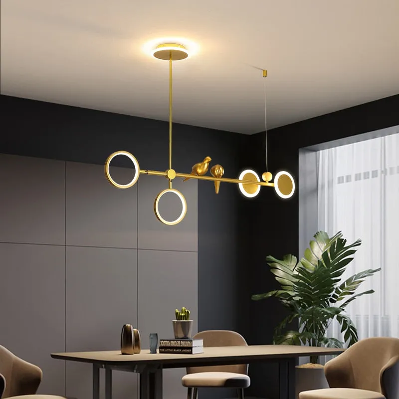 Nordic Light Luxury Golden Ring Bird LED Pendant For Living Room Dining Table and Bar Counter Modern Long Strip Personality Lamp