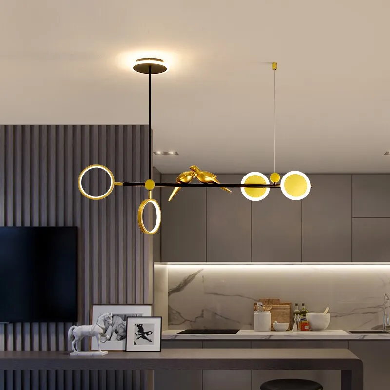 Nordic Light Luxury Golden Ring Bird LED Pendant For Living Room Dining Table and Bar Counter Modern Long Strip Personality Lamp