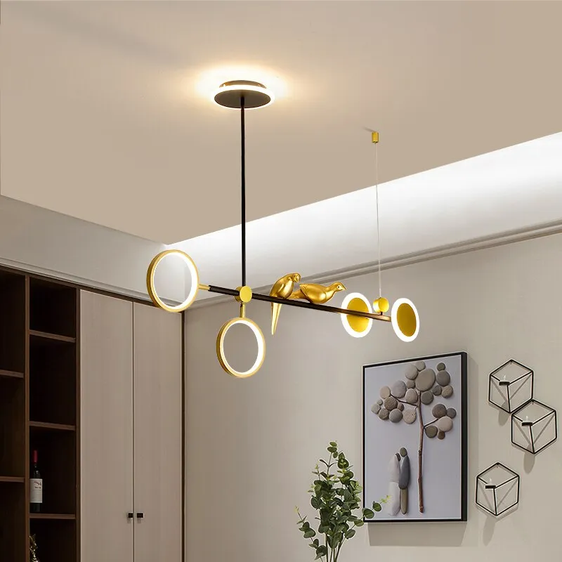 Nordic Light Luxury Golden Ring Bird LED Pendant For Living Room Dining Table and Bar Counter Modern Long Strip Personality Lamp