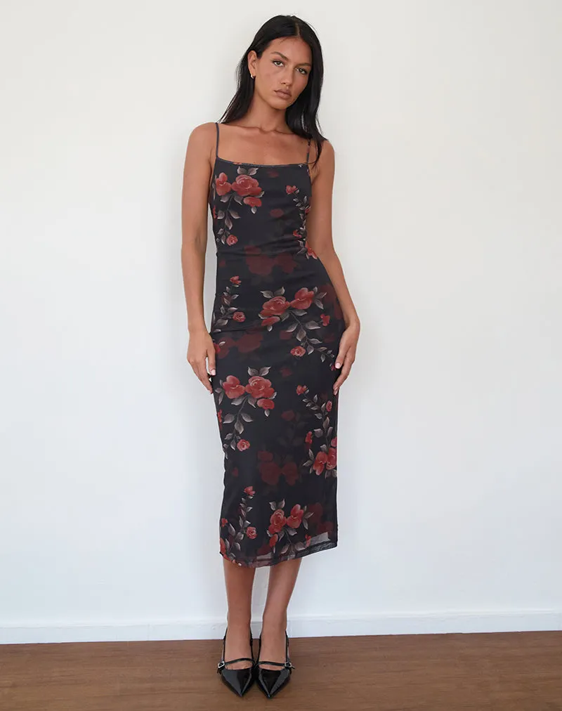 Nori Midi Dress in Watercolour Rose Black