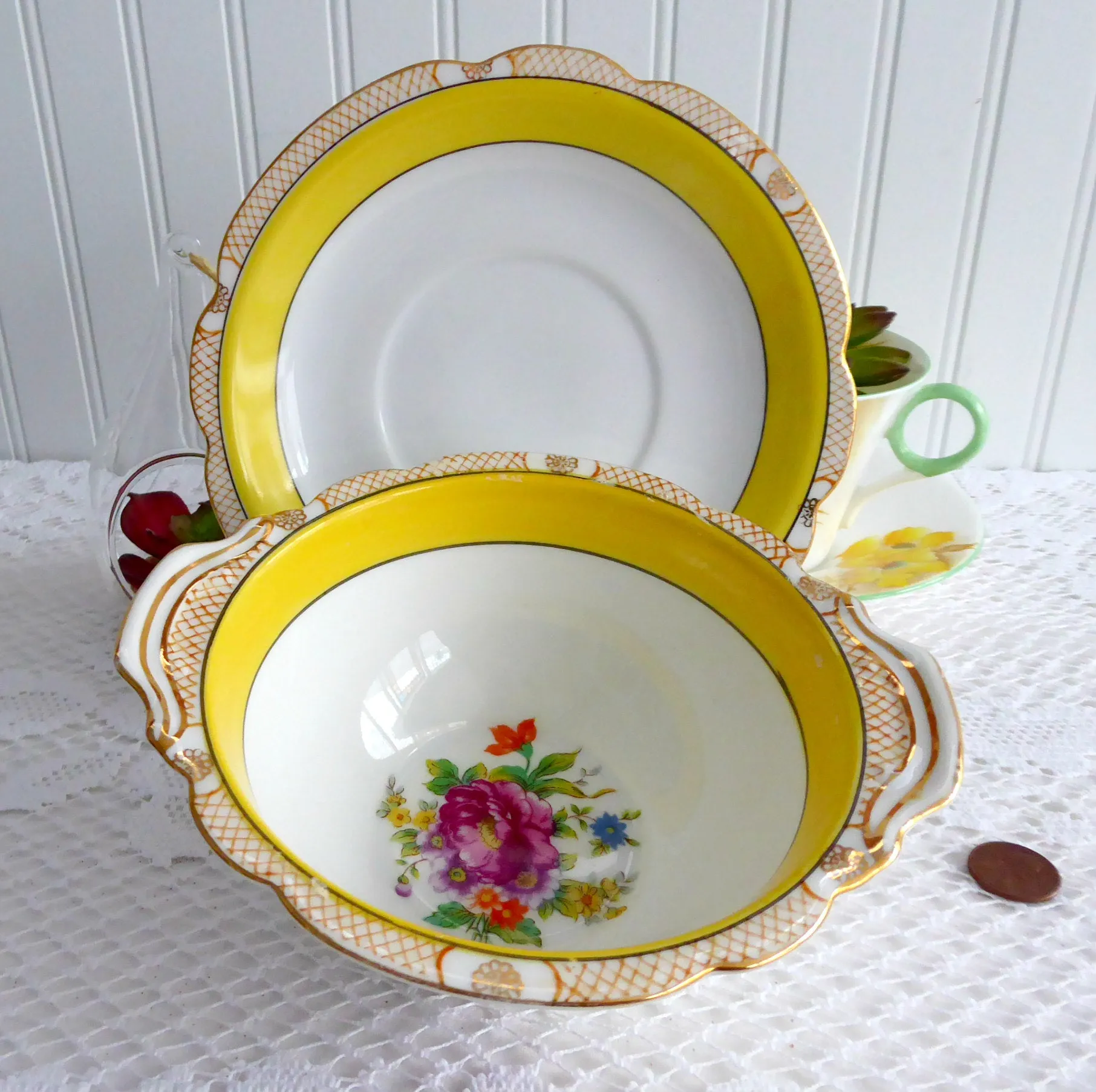 Noritake Mayonnaise Bowl And Plate Yellow Floral Sauce 1918 Floral Bouquet