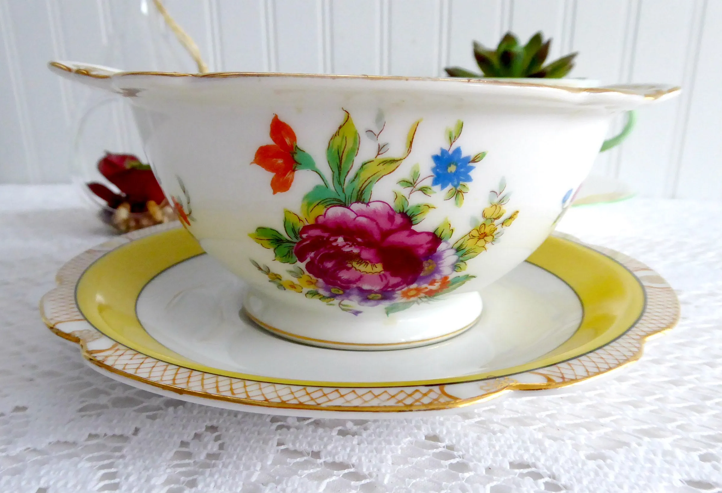 Noritake Mayonnaise Bowl And Plate Yellow Floral Sauce 1918 Floral Bouquet