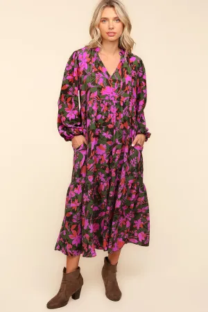 Notch Neck Babydoll Long Sleeve Maxi Dress - Forest/Lavender Floral