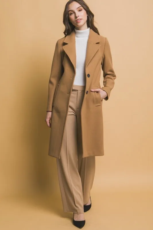 Notched Lapel Long Sleeve Buttoned Coat