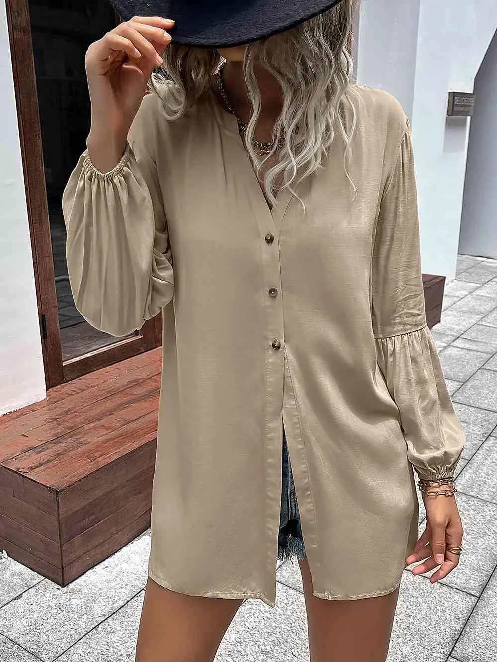 Notched Neck Balloon Sleeve Shirt