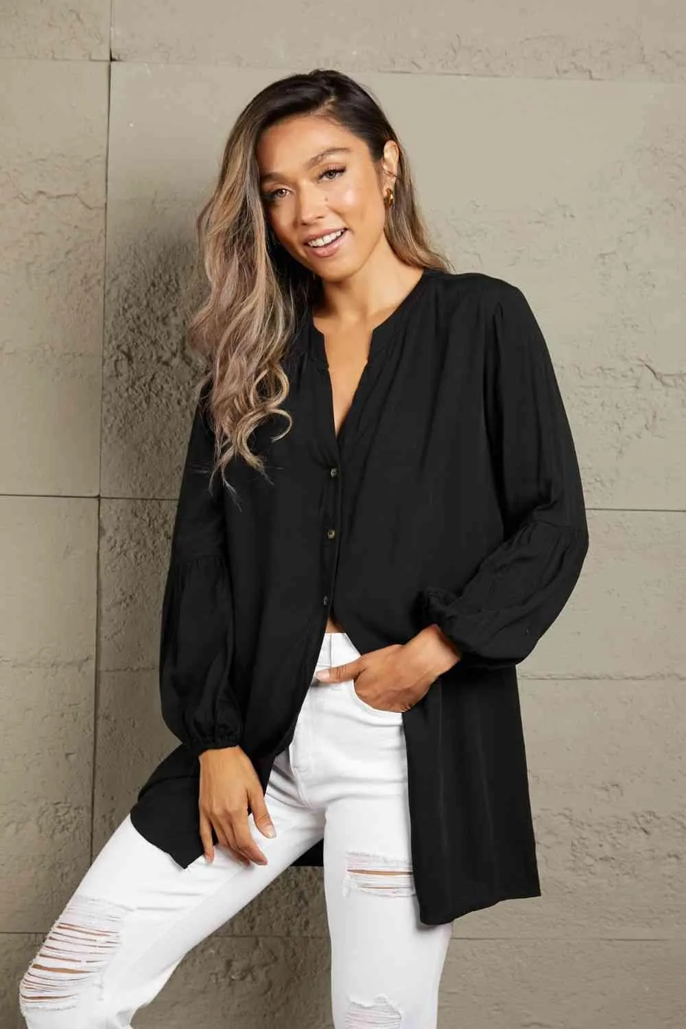 Notched Neck Balloon Sleeve Shirt