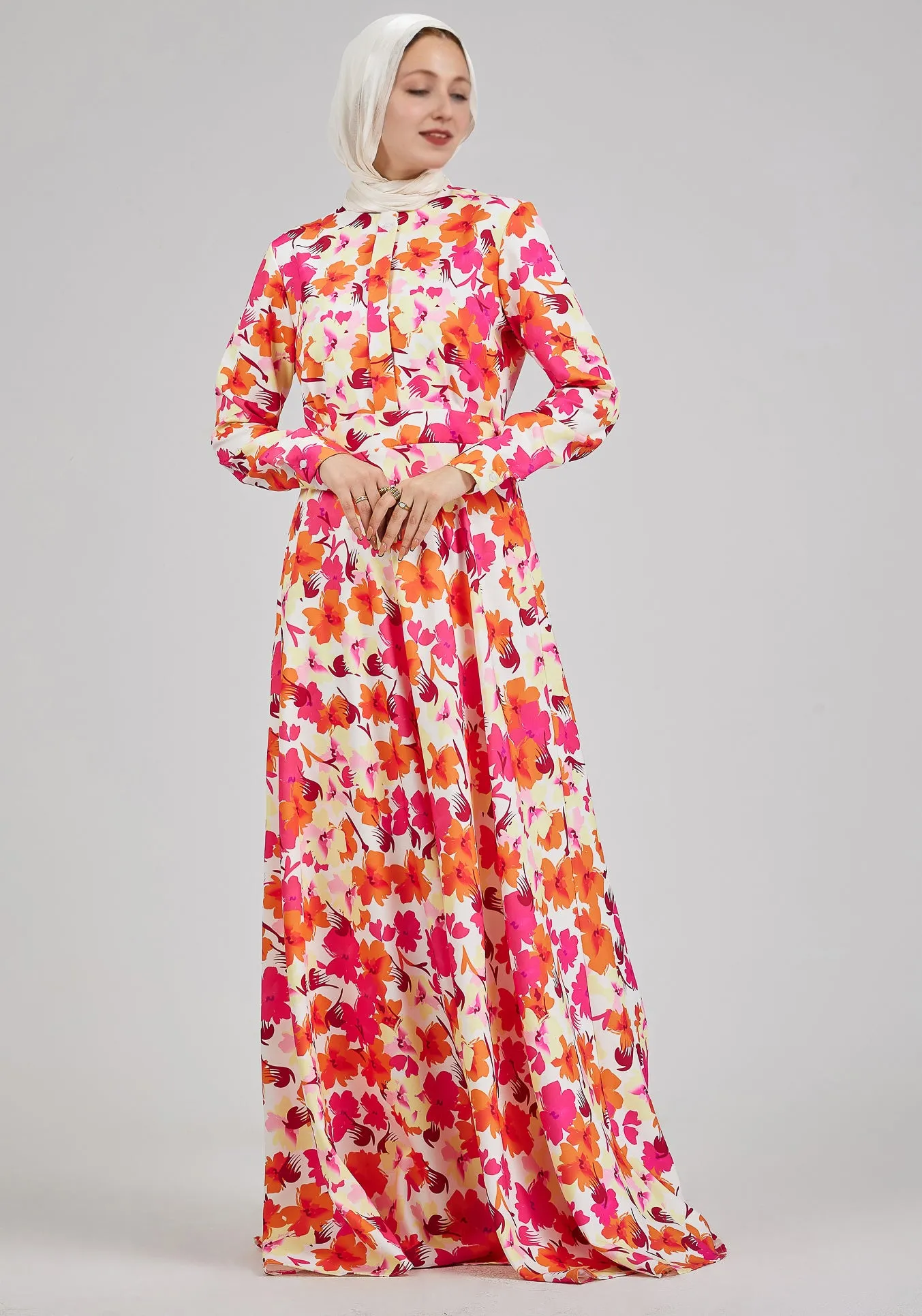 Noura Lumiere Floral Maxi Dress with Buttoned Front and Cuffed Sleeves