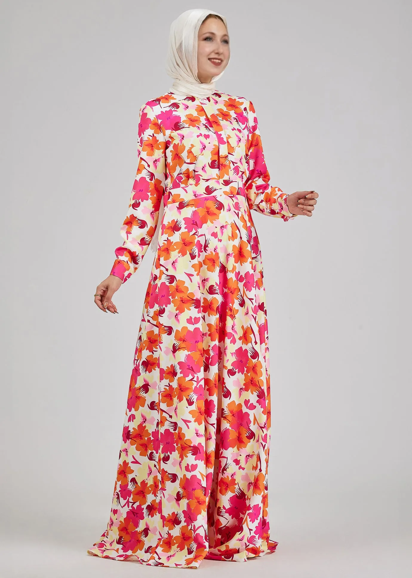 Noura Lumiere Floral Maxi Dress with Buttoned Front and Cuffed Sleeves