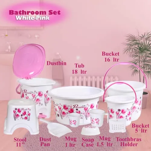 Novelty Store Bathroom Set 10 Pieces Heavy Duty, Large Capacity (16 LTR Bucket, 5 LTR Bucket, Patla, 18 LTR Deep Tub, Dustbin,Mug 1.5 LTR, Mug 1 LTR, Soapcase, Dustpan, Tooth Brush Stand -White Pink