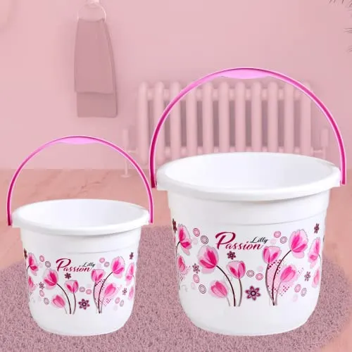 Novelty Store Bathroom Set 10 Pieces Heavy Duty, Large Capacity (16 LTR Bucket, 5 LTR Bucket, Patla, 18 LTR Deep Tub, Dustbin,Mug 1.5 LTR, Mug 1 LTR, Soapcase, Dustpan, Tooth Brush Stand -White Pink