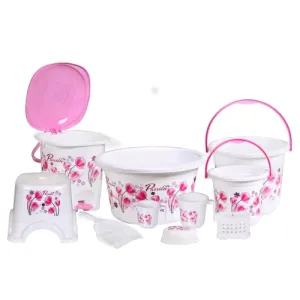 Novelty Store Bathroom Set 10 Pieces Heavy Duty, Large Capacity (16 LTR Bucket, 5 LTR Bucket, Patla, 18 LTR Deep Tub, Dustbin,Mug 1.5 LTR, Mug 1 LTR, Soapcase, Dustpan, Tooth Brush Stand -White Pink