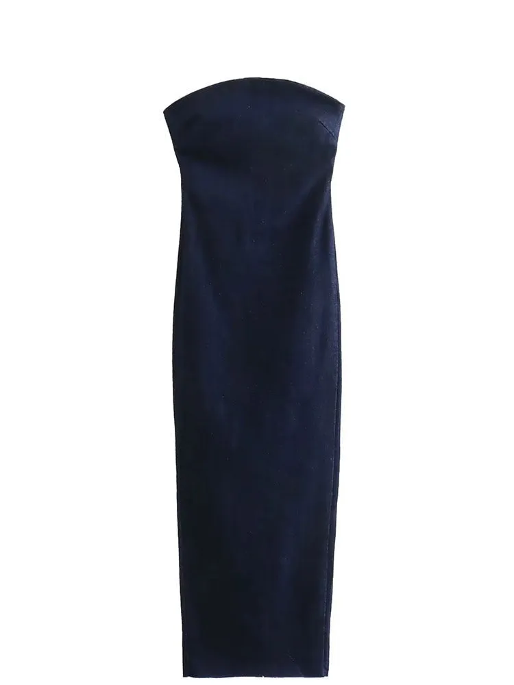 Nsquared Women Elegant Denim Dress | Strapless Back Zipper Slit Dress