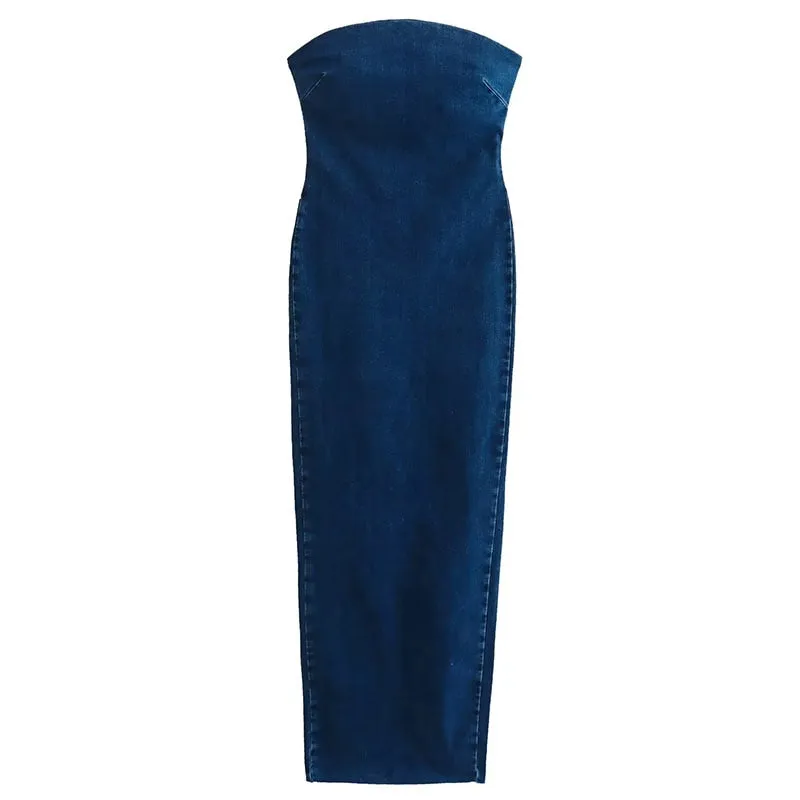 Nsquared Women Elegant Denim Dress | Strapless Back Zipper Slit Dress