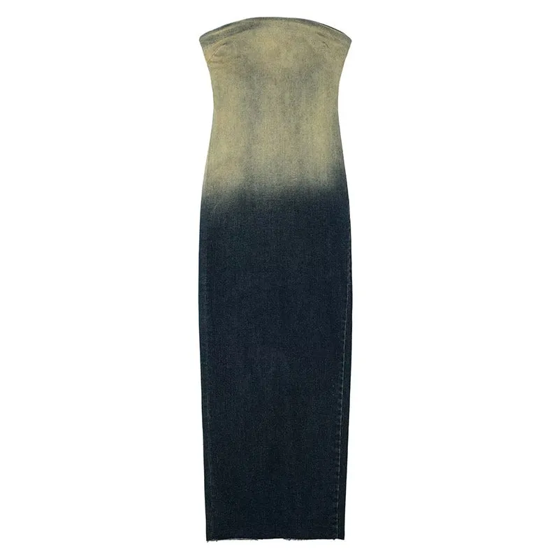 Nsquared Women Elegant Denim Dress | Strapless Back Zipper Slit Dress