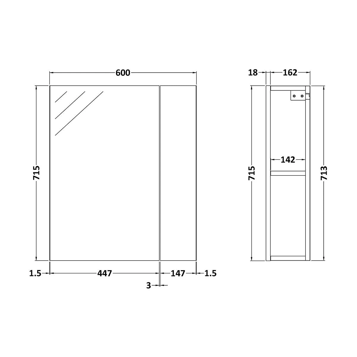 Nuie Athena 600mm 2 Door Mirror Cabinet in Gloss Grey