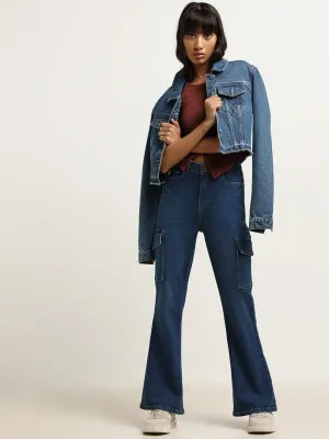 Nuon Blue Wide Leg Fit High Rise Cargo Jeans