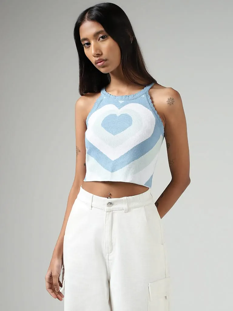 Nuon Light Blue Heart Printed Cotton Crop Top